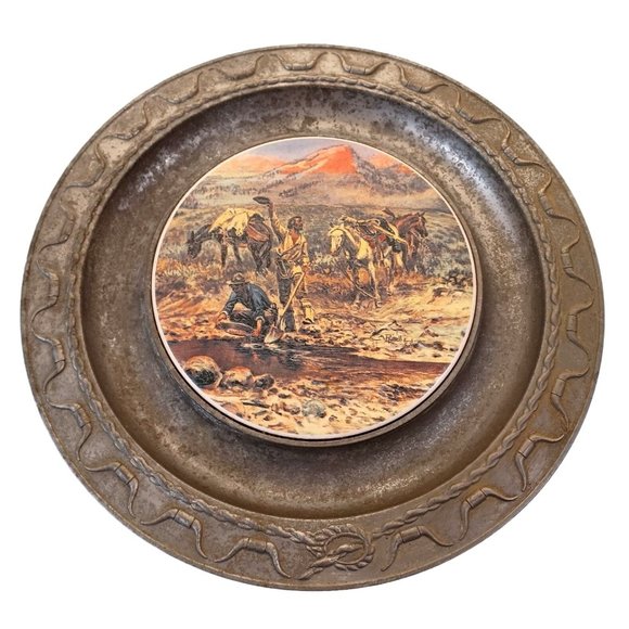 The Pioneer Foundry Pewter Plate CW Russel Inlay 10.5" Diam Vintage Old West - Picture 1 of 5